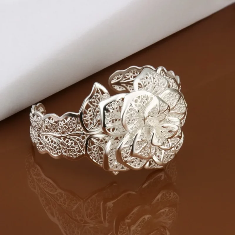 925 Sterling Silver jewelry bangle Hot engagement exquisite retro charm hollow big women lady flowers openings bracelet - Image 4