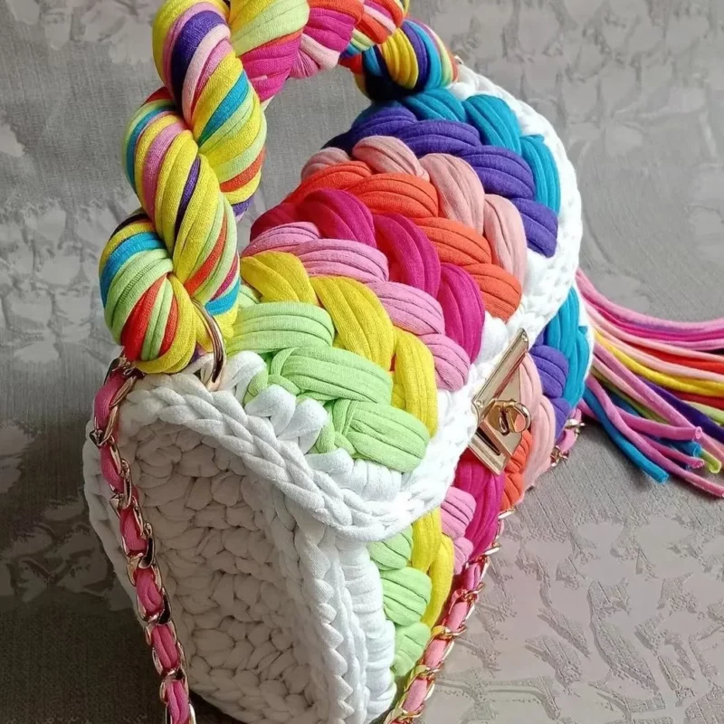 Lady Shoulder Bag Handmade Crochet Bag Woven Bag Fabric Strip Luxury Designer Handbag Purses for Women Tote Bags - Image 2