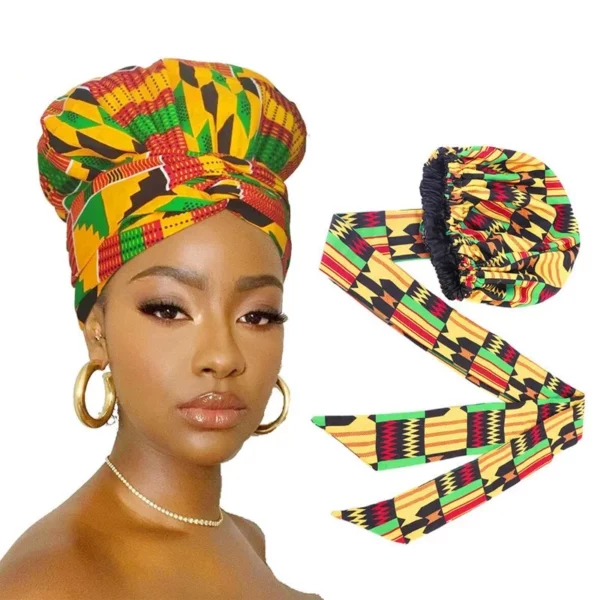 Satin Lining African Pattern Bonnet With Long Ribbon Women's Head Wrap Turban Cap Floral Print Ankara Hair Bonnet Hat