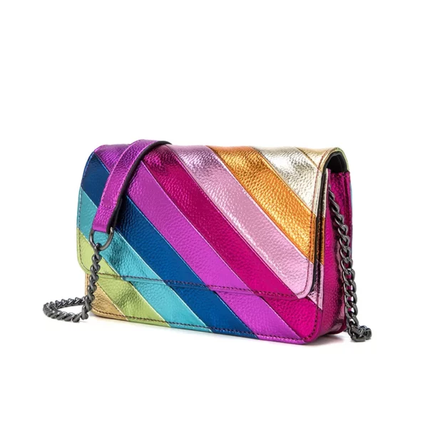 Women Fashion Metallic Colorful Stripes Handbags Contrast Color PU Leather Square Magnetic Flap Long Chain Body Shoulder Bag