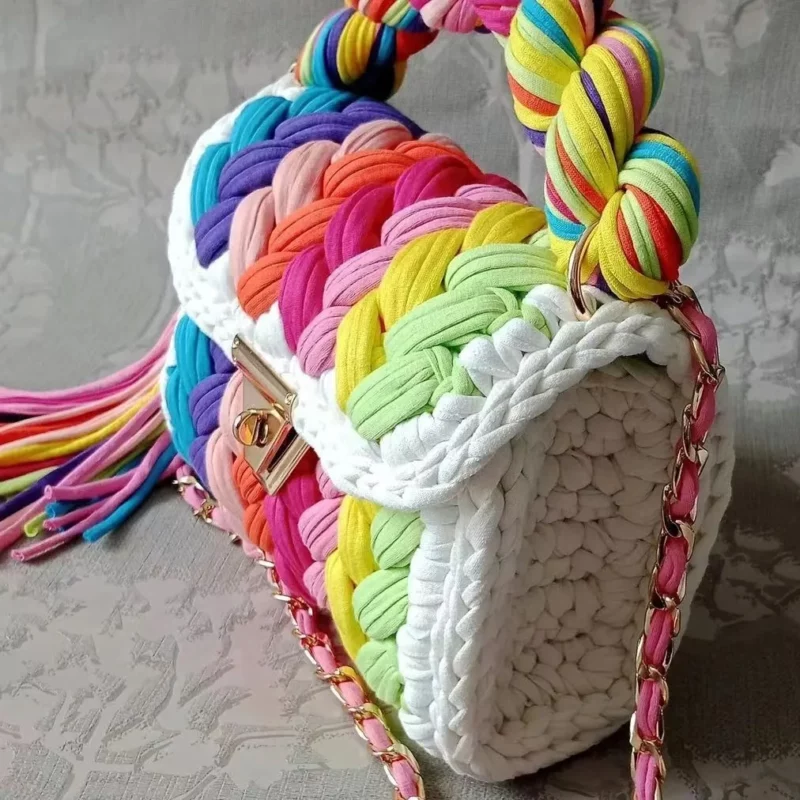 Lady Shoulder Bag Handmade Crochet Bag Woven Bag Fabric Strip Luxury Designer Handbag Purses for Women Tote Bags - Image 4