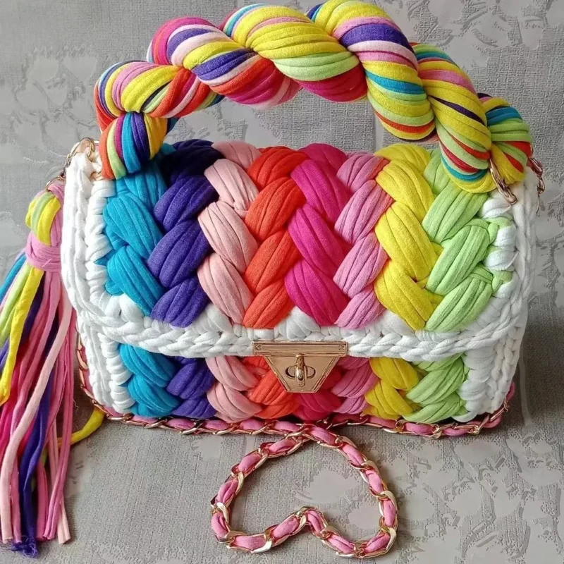 Lady Shoulder Bag Handmade Crochet Bag Woven Bag Fabric Strip Luxury Designer Handbag Purses for Women Tote Bags - Image 3
