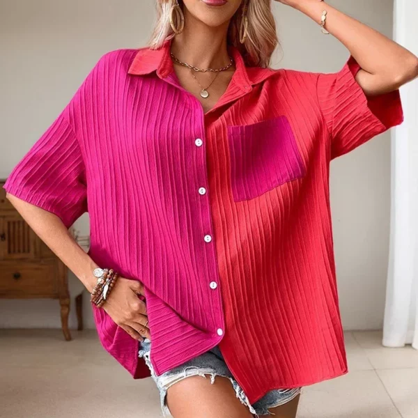 Fashion Chic Single-breasted Shirt Casual Loose Turn Down Collar Contrast Color Stitching Pocket Short Sleeve Shirt For Women