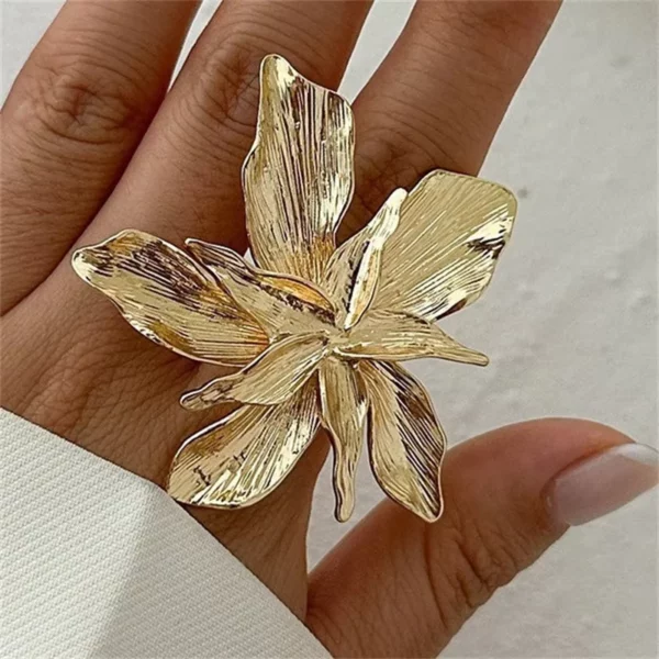 FTCY Exaggerated Flower Ring for Women Metal Punk Double Layered Finger Ring Adjustable Women's Party Jewelry Accessories