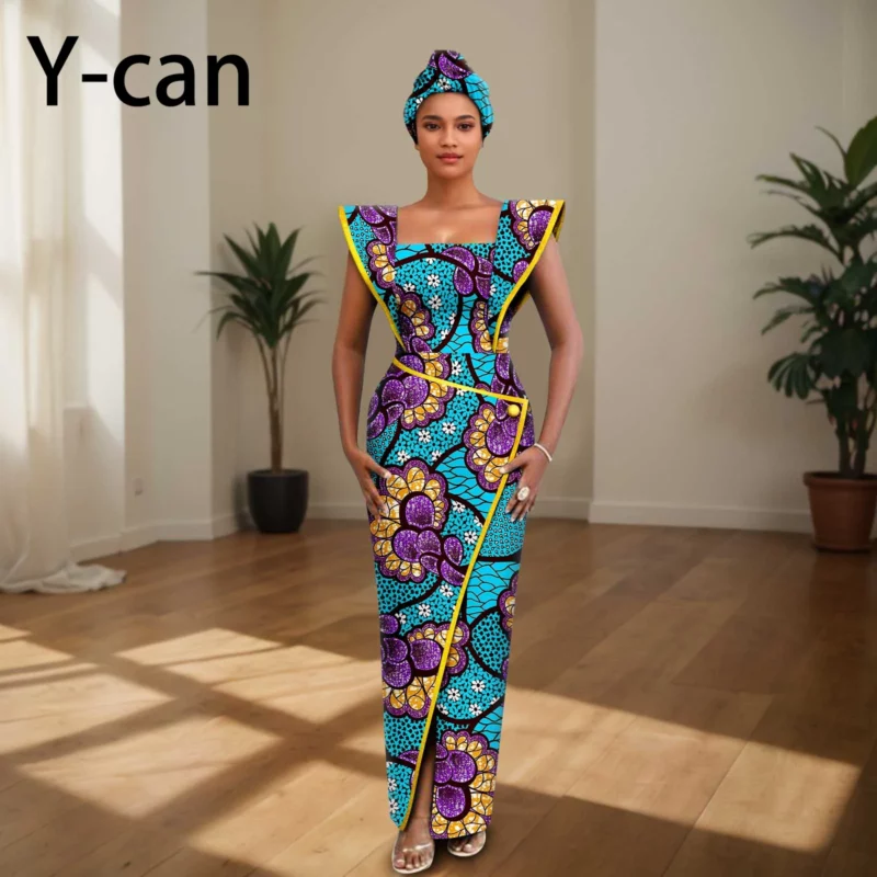 Ankara Dress for Women Luxury Sleeveless Dress Slim Fit Party Evening Gown Vestidos with Headwrap African Dress 2425157 - Image 2