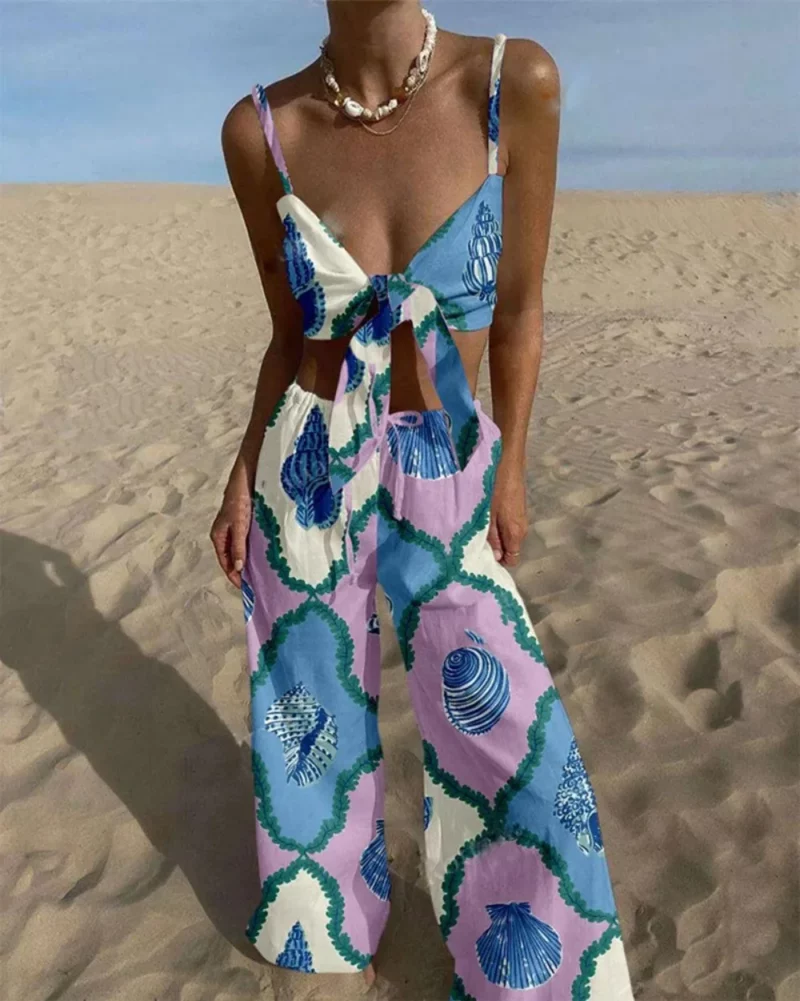 Summer Fashion Print Two Piece Set Women Sexy Beach Style Lace Up Vest Wide Leg Pants Two Piece Set Women - Image 4