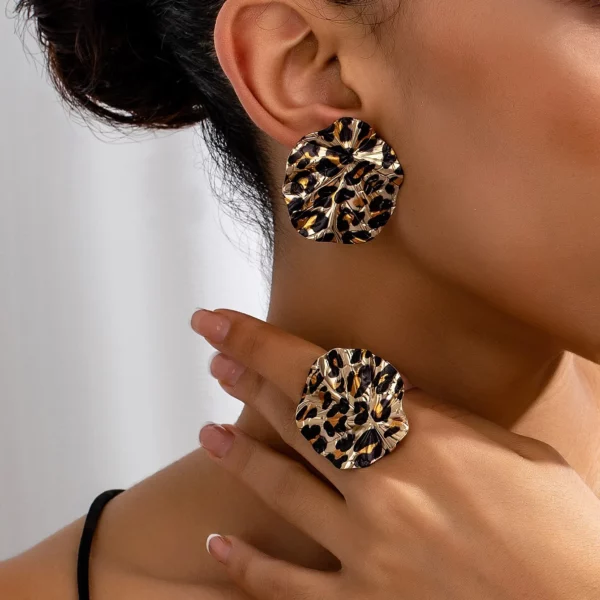 Earrings Ring Jewelry Set For Women Vintage Geometric Leopard Print Circle Disc Fashion Design Geometric Fashion Holiday S242