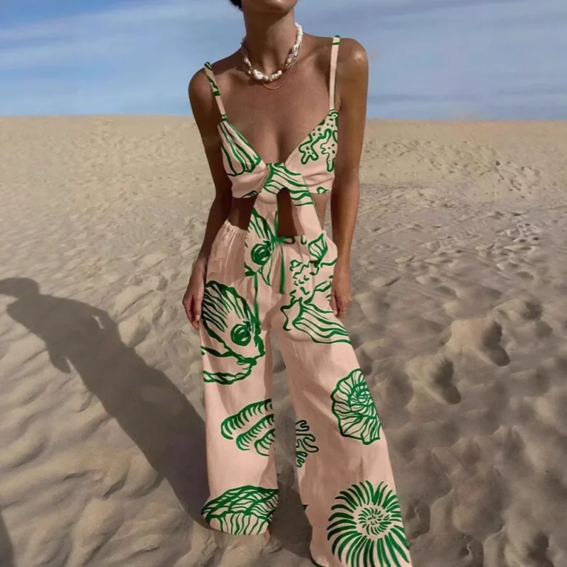 Summer Fashion Print Two Piece Set Women Sexy Beach Style Lace Up Vest Wide Leg Pants Two Piece Set Women - Image 2
