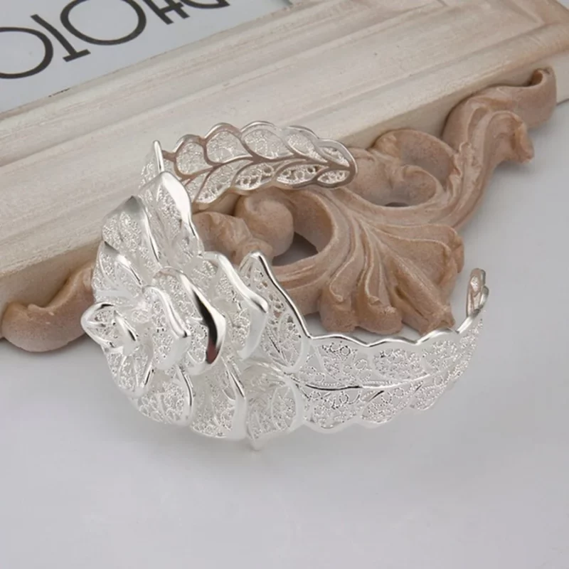 925 Sterling Silver jewelry bangle Hot engagement exquisite retro charm hollow big women lady flowers openings bracelet - Image 6
