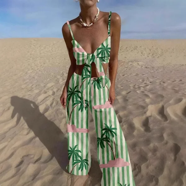 Summer Fashion Print Two Piece Set Women Sexy Beach Style Lace Up Vest Wide Leg Pants Two Piece Set Women