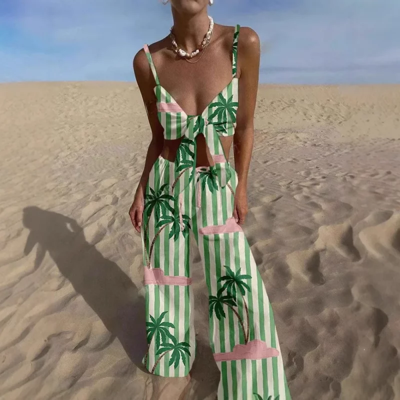 Summer Fashion Print Two Piece Set Women Sexy Beach Style Lace Up Vest Wide Leg Pants Two Piece Set Women