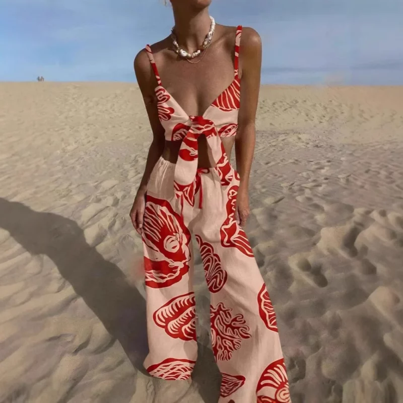 Summer Fashion Print Two Piece Set Women Sexy Beach Style Lace Up Vest Wide Leg Pants Two Piece Set Women - Image 3