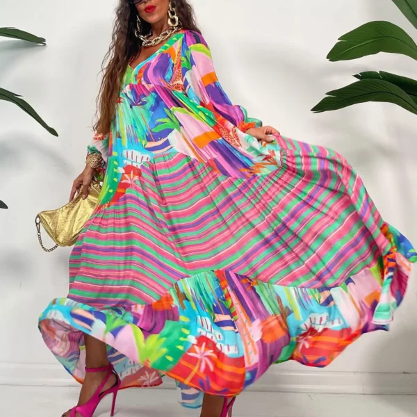 African Print Dresses for Women Summer Sexy African Long Sleeve V-neck Polyester Long Pleated Dress Maxi Dress African Dresses