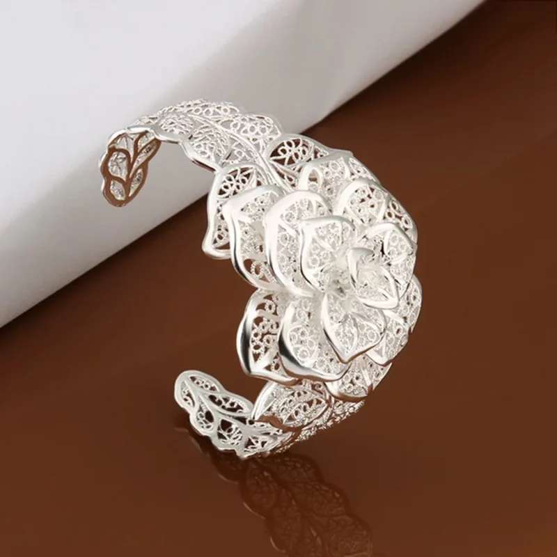 925 Sterling Silver jewelry bangle Hot engagement exquisite retro charm hollow big women lady flowers openings bracelet - Image 3
