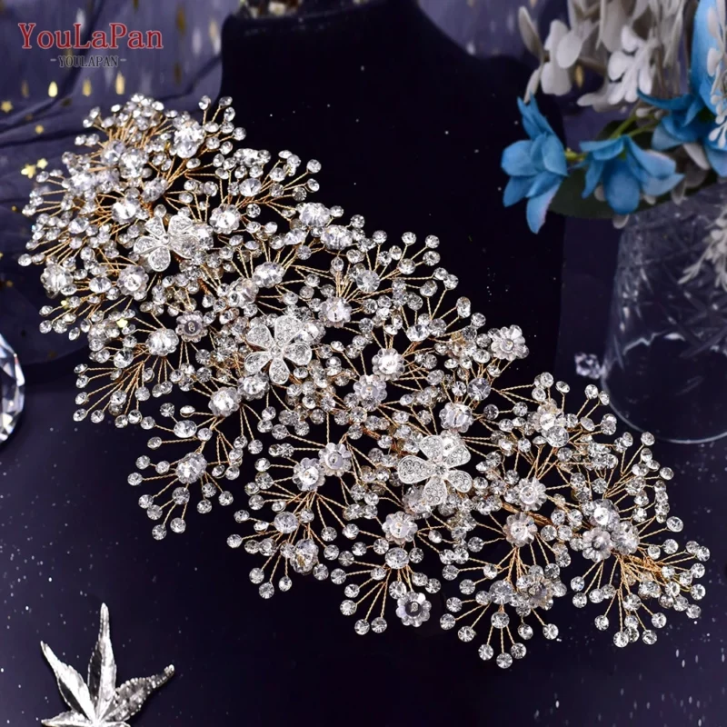 YouLaPan Golden Wedding Crystal Headband Hair Accessories Woman Wedding Hair Jewelry Rhinestone Bridal Tiara and Headdress HP240 - Image 3