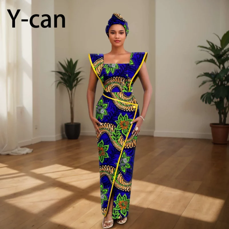 Ankara Dress for Women Luxury Sleeveless Dress Slim Fit Party Evening Gown Vestidos with Headwrap African Dress 2425157 - Image 4
