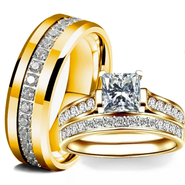 Paar Ringen Prachtige Vrouwen Strass Zirconia Ringen Set Eenvoudige Goud Kleur Mannen Rvs CZ Steen Ringen Bruiloft Sieraden