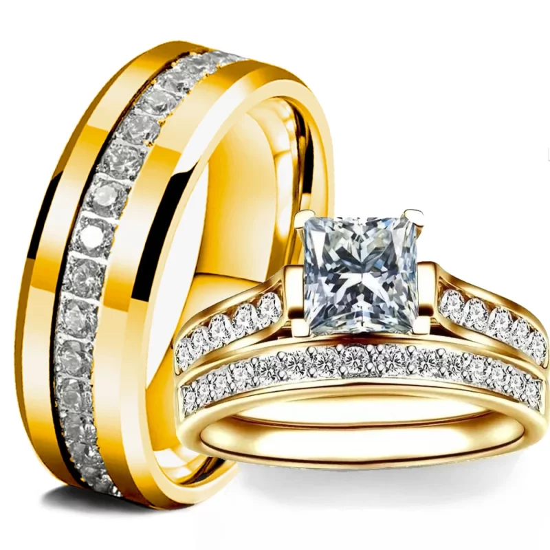 Paar Ringen Prachtige Vrouwen Strass Zirconia Ringen Set Eenvoudige Goud Kleur Mannen Rvs CZ Steen Ringen Bruiloft Sieraden