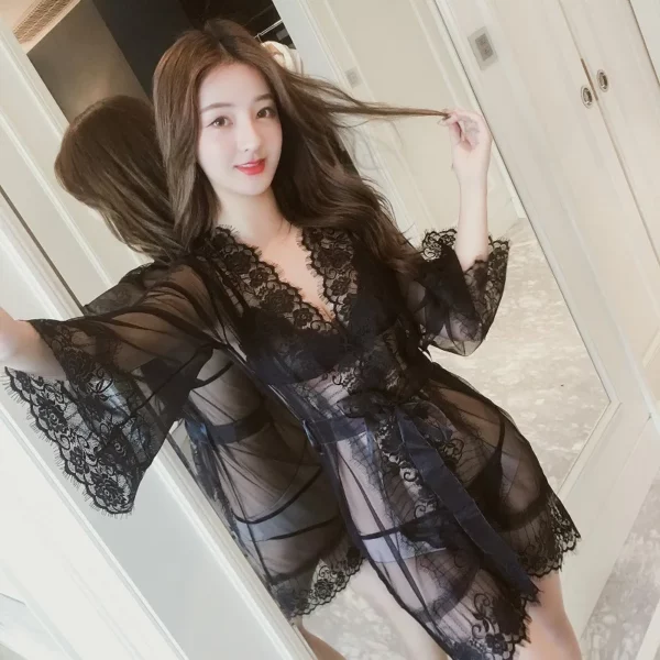 Lange Mouwen Sexy Ondergoed Kant Badjas Sexy Jurk Lace Pajama Nachthemd Nachtjapon Nacht-Gewaad See Trough Lingerie Voor Vrouwen