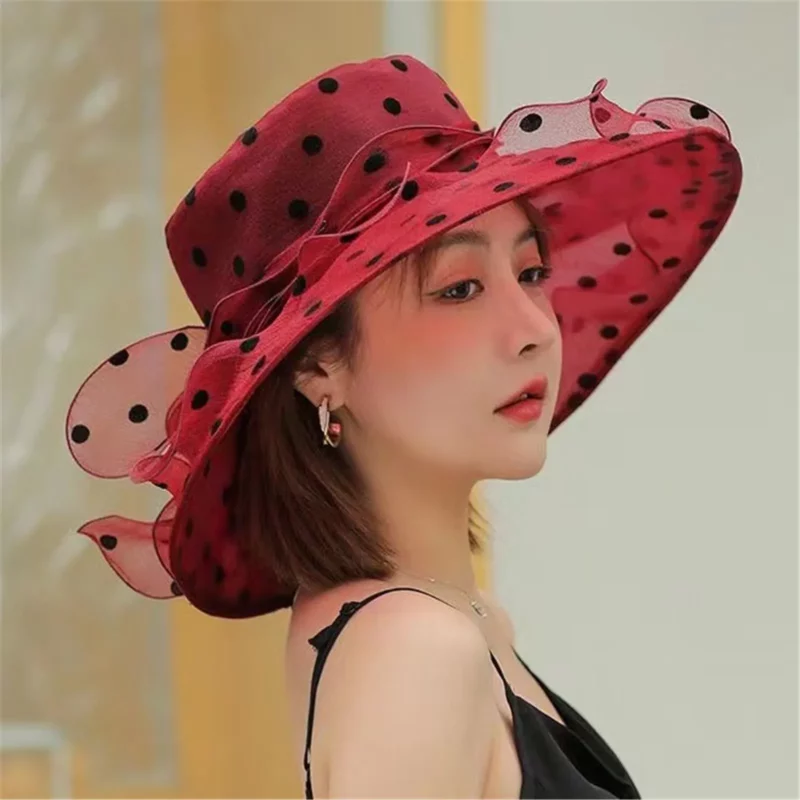 1Pc Nieuwe Mode Elegante Bloemen Organza Dot Mesh Kerk Hoed Voor Vrouwen Opvouwbare Bruiloft Feest Hoed Zomer Strand Bescherming Zonnekap