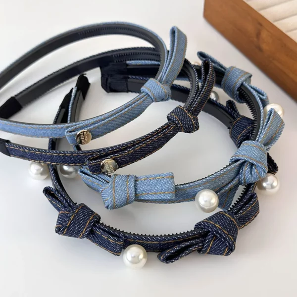 Retro Denim Blauwe Kleur Boog Parel Hoofdband Meisjes Zoete Haarbanden Voor Vrouw Temperament Haar Hoepel Vrouwelijke Mode Haaraccessoires