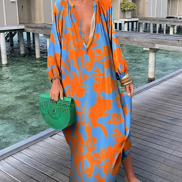 Elegante maxi-jurken voor dames 2024, zomer, casual mode, retro print, V-hals, losse boho, lange vakantie, strandjurk, vrouwelijke gewaden, nieuw