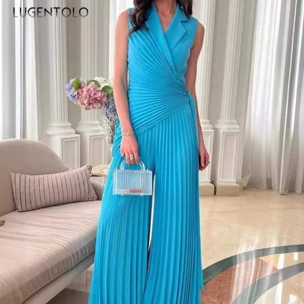 Vrouwen chique mouwloze v-hals jumpsuits vouw elegante effen wijde pijpen rompertjes mode hoog getailleerde vetersluiting party lady speelpakjes