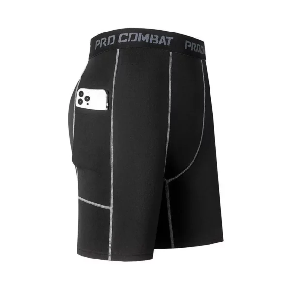 Compressie korte broek voor heren, elastische, sneldrogende hardloopfitnessshorts met zak, groot formaat, zwarte strakke gymtrainingsbroek