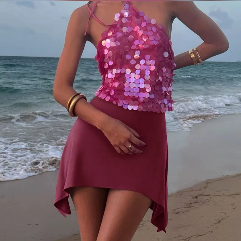 Combhasaki Vrouwen Y2K Party Clubwear Glitter Pailletten Tie-Up Halter Hals Backless Vest Zomer Mouwloze Crop Tank Tops Streetwear - Image 3