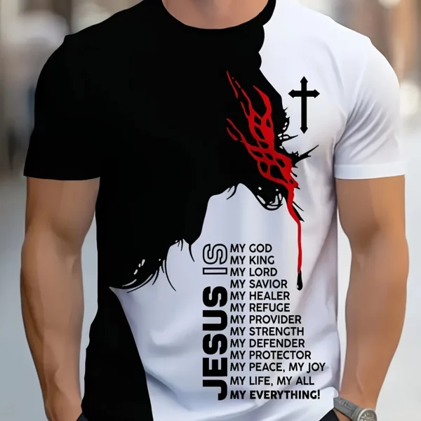 1pc Heren Casual Polyester T-shirt met 3D Jesus Grafische Print, Ronde Hals, Korte Mouw, Lichte Stretch Gebreide Fabri