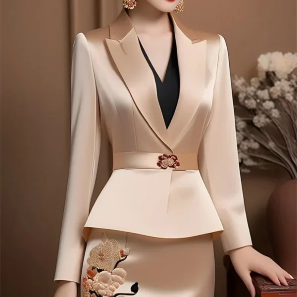 Luxe Celebrity Party Outfits Nieuwe Elegante Vrouwen Formeel Pak Bloem Borduren Kralen Satijnen Jas + Midi Rok Tweedelige Sets