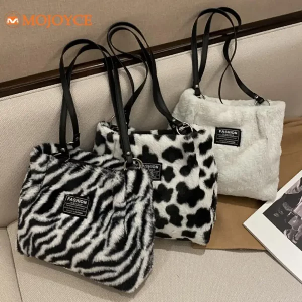 Zebra Strepen Koe Patroon Vintage Onderarmtas Herfst & Winter Zachte Pluche Tote Dames Pluizige Creatieve Handtas Dames Schoudertas