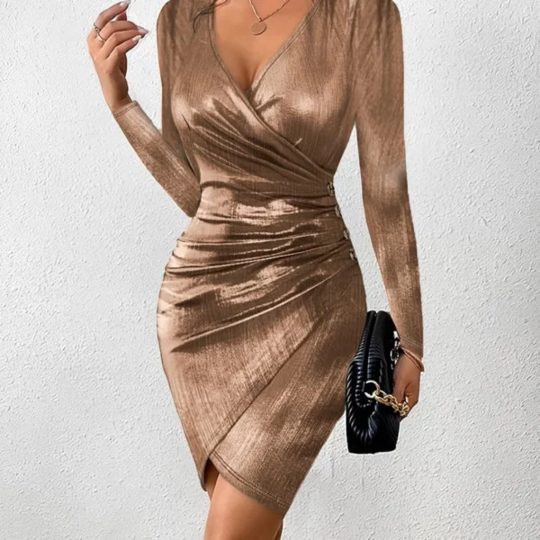 Herfst En Winter Sexy Effen Kleur Lange Mouw V-Hals Damesjurk Met Nauwsluitende Billen En Geplooide Randen Avondjurk