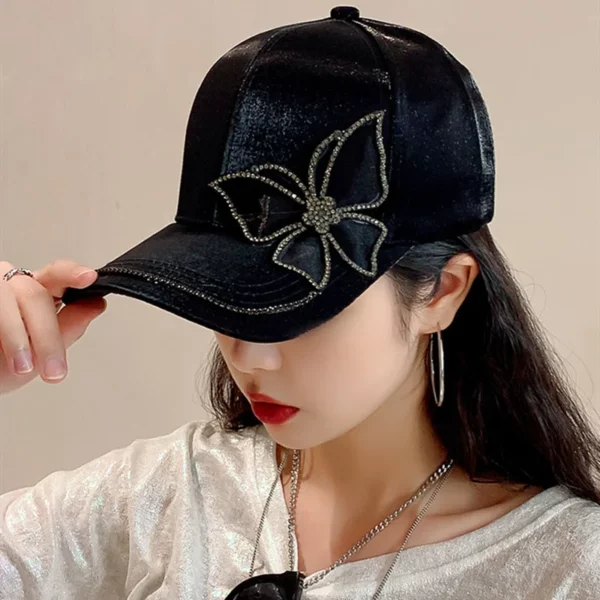 Glanzende Strass Vlinder Baseball Hoed Voor Vrouwen Zijde Satijn Petten Mode Zonnescherm Eend Tong Cap Outdoor Zonnekleppen 모자