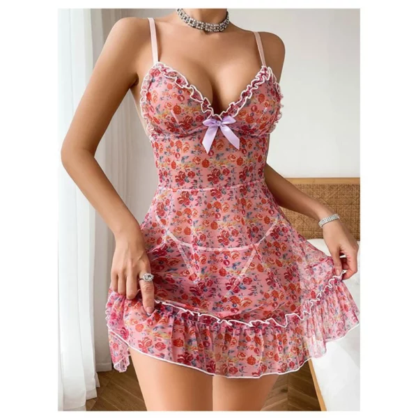 Combhasaki vrouwen sexy 2 stuk pure mesh bloemenprint lingerie nachtjapon sets mouwloze ruches korte mini a-lijn jurk + string