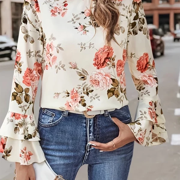 Modieuze lente zomer dames bloemenprint klok mouw kraag shirt elegante sfeer vrijetijdskleding
