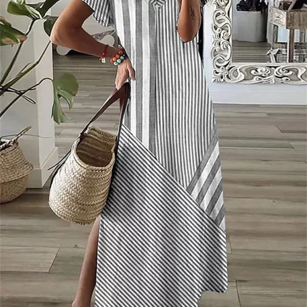 Eenvoudige mode damesjurk met V-hals, gestreepte print, damesjurk, zomer, losse, comfortabele damesjurk met korte mouwen en split