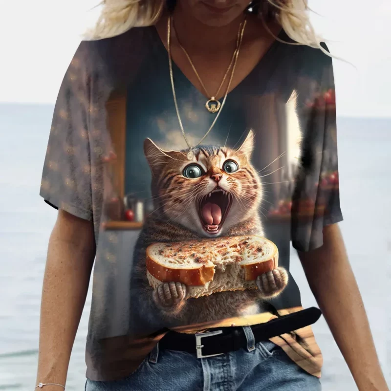Dames T-Shirt Kawaii Cat Print 3d T-Shirt Top Meisjes Y 2K Kleding Zomer Korte Mouw T-Shirts V-Hals Casual Vakantie Dames T-Shirt - Image 2