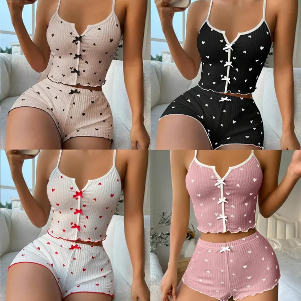 Zomer nachtkleding pyjama set hartprint met flirterige ruches casual cami top en shorts sets dames loungewear homewear ﻿