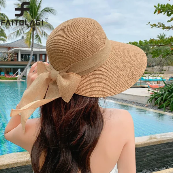 Big Bowknot Summer Straw Hat For Women Lady Wide Brim Foldable Retro Color Sunscreen Panama Cap Outdoor Beach Tour Visors Hats
