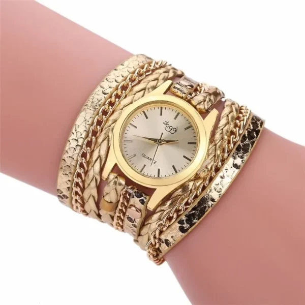 Nieuw merk quartz horloges dames goud Genève armband polshorloge damesjurk geweven luipaard multi-lagen lederen band horloge