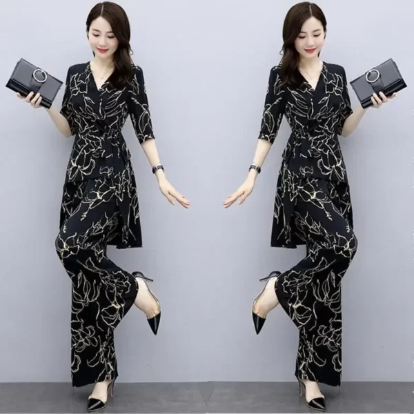 Vrouwen Tweedelige Sets Nieuwe Lente Zomer Chiffon Print Top Hoge Taille Wijde Pijpen Broek Casual Mode Pak Vrouwelijke Plus Size Kleding