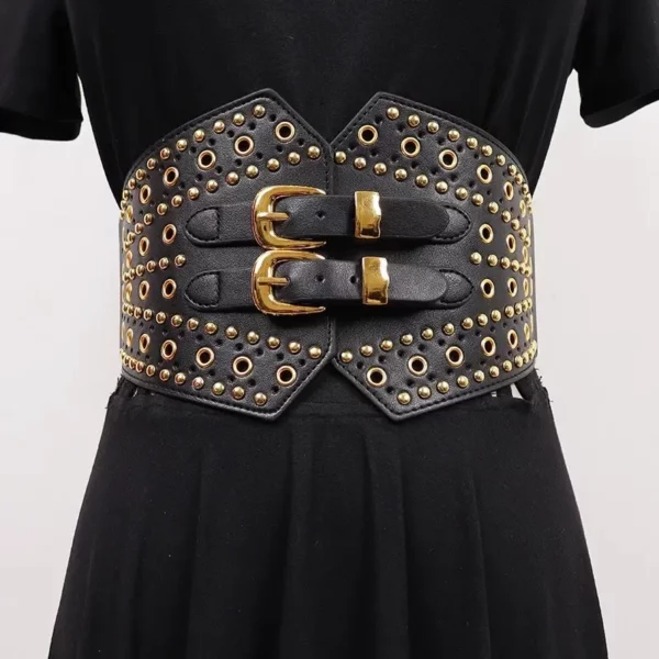 New Women's Retro PU Leather Elastic Band Rivet Punk Corset Female Cummerbund Coat Waistband Dress Decration Wide Belt
