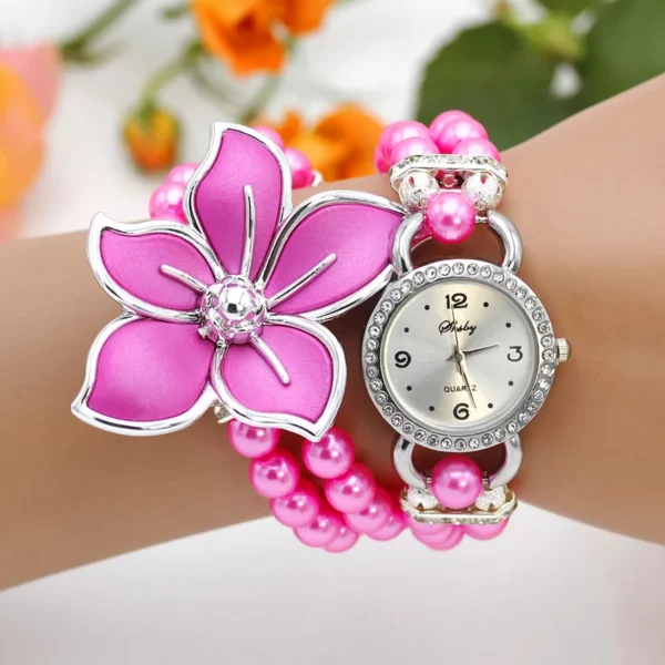 Nieuwe Mode Vrouwen Jurk Horloges Dames Parelketting Witte Bloem Armband Quartz Horloges Vrouwen Strass Horloges