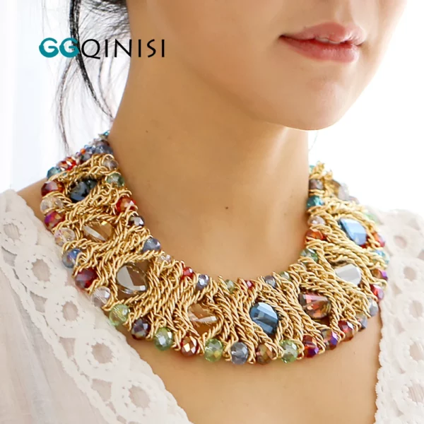 Ggqinisi Kristal Kralen Gouden Kleur Kettingen Strengen Chokers Ketting Elastische Armband Mode Sieraden Sets Voor Vrouwen