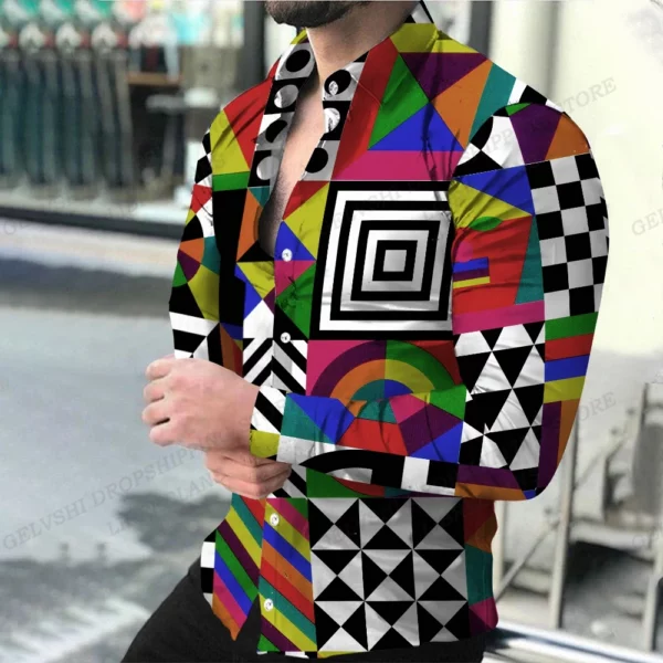Geometrische Shirts Heren Mode Shirt Lange Mouwen Hawaiiaanse Shirts Strand Blouse Heren Kleding Graffiti Camisas Streetwear Kleding