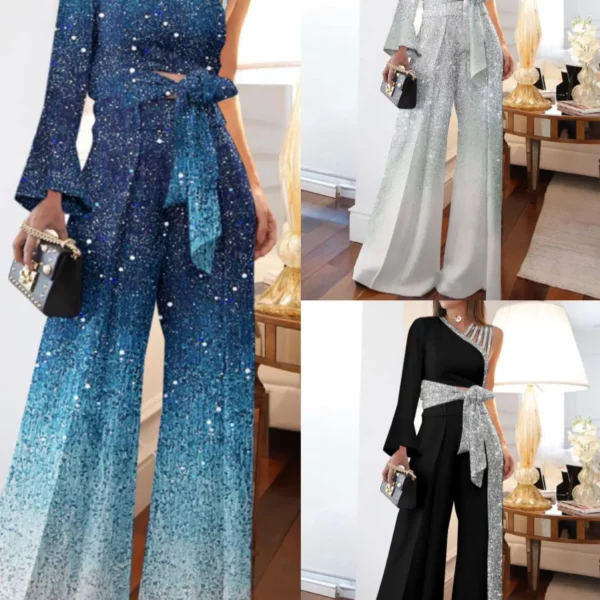 Jumpsuits Vrouwen Pailletten Splice Wijde Pijpen Broek Casual Een Schouder Onregelmatige Hoge Taille Veters Rompertjes Losse Zomer 2024