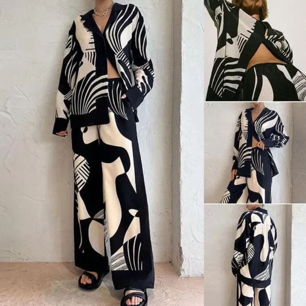 Casual Print Shirt Vrouwen 2-delige Set Elegante Losse Overhemden Met Lange Mouwen Wijde Pijpen Broek Vrouwelijk Pak 2023 Zomer Mode Dame Outfit