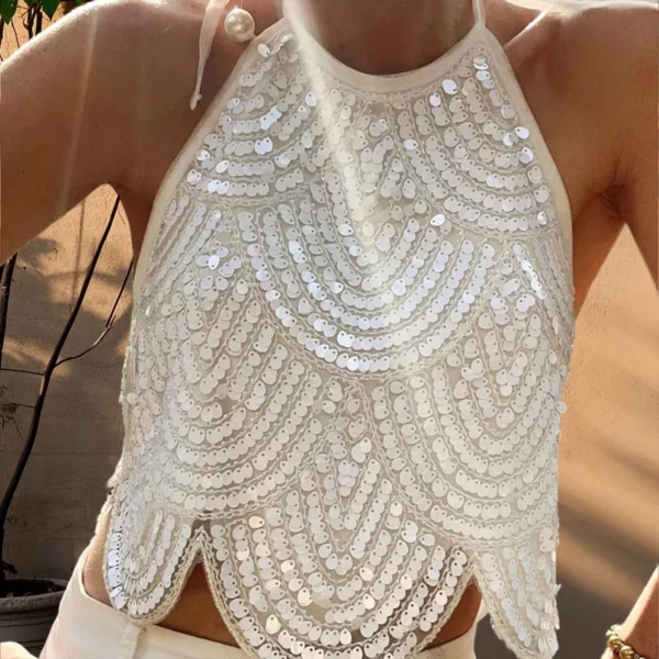 Sexy Vrouwen Backless Tank Tops Y2K Bling Glitter Mouwloze Tie Up Crop Tops Zomer Dame Mode Skinny Pailletten Vesten Streetwear