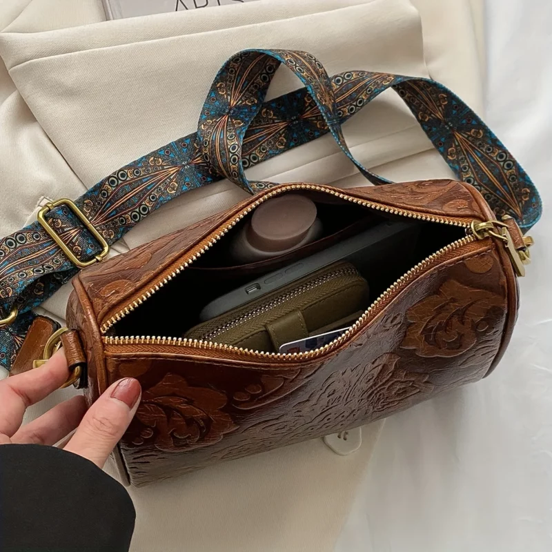 Retro lederen schoudertas met reliëfbloem, klassieke cilinder crossbody tas voor dames Dagelijks gebruik Feestwerkcadeaus - Image 5